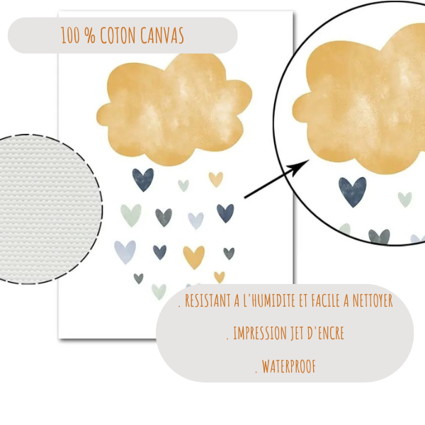 Gros plan sur une affiche enfant avec un nuage doré et des gouttes en forme de cœurs colorés, imprimée sur toile coton canvas, résistante et waterproof.