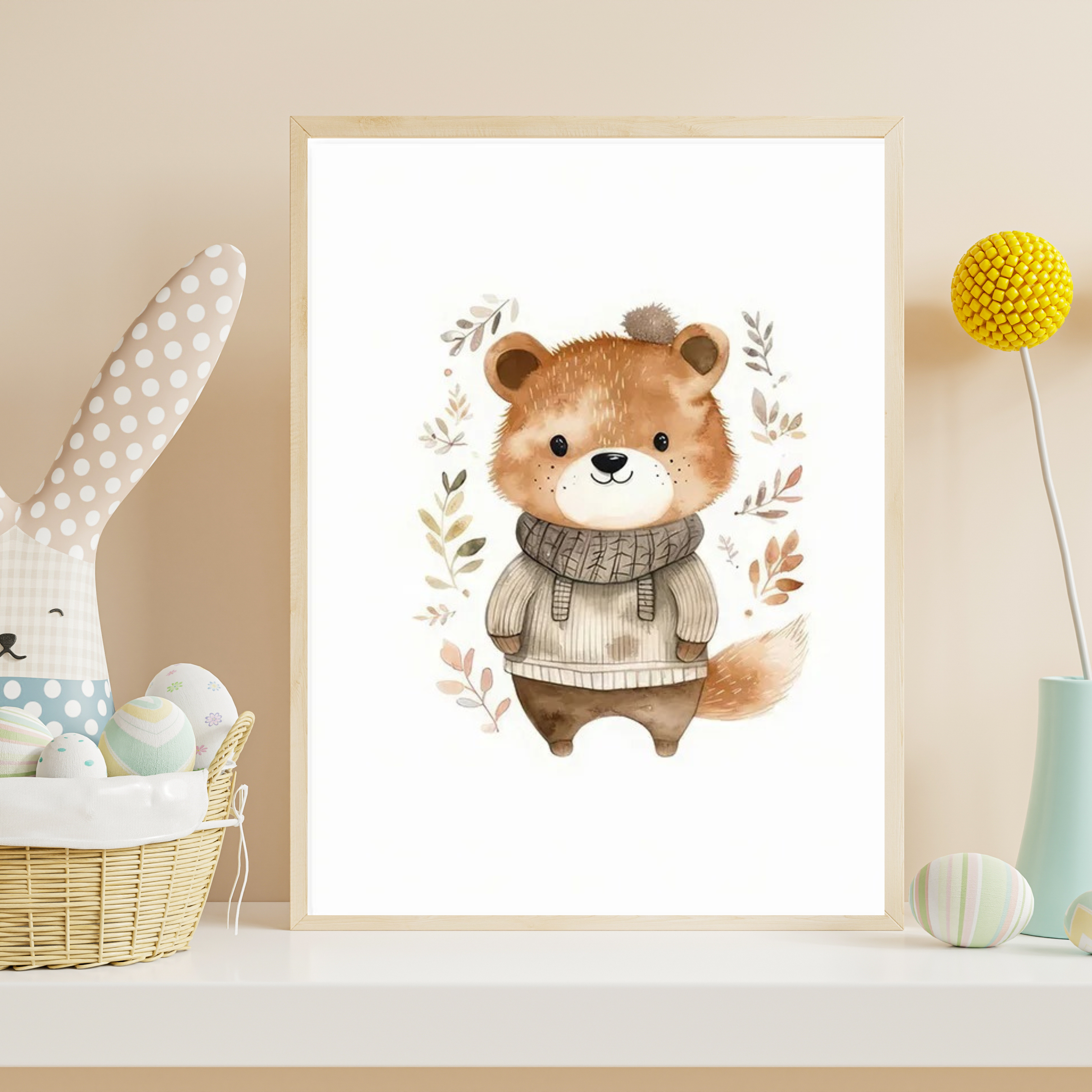 Affiche ourson style forêt automne chambre bébé mixte