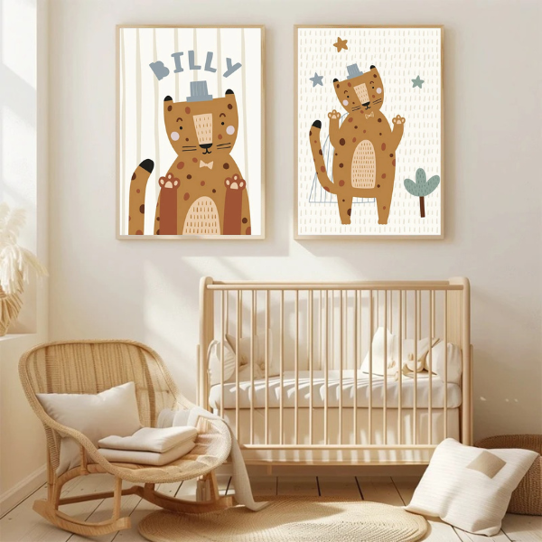 Affiche panthère personnalisable avec prénom, idéale pour une décoration murale chambre bébé au style scandinave.