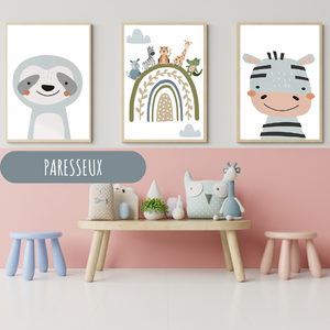 Lot de trois affiches pour chambre d’enfant avec paresseux, zèbre et arc-en-ciel bohème, parfait pour une déco douce et tendance.