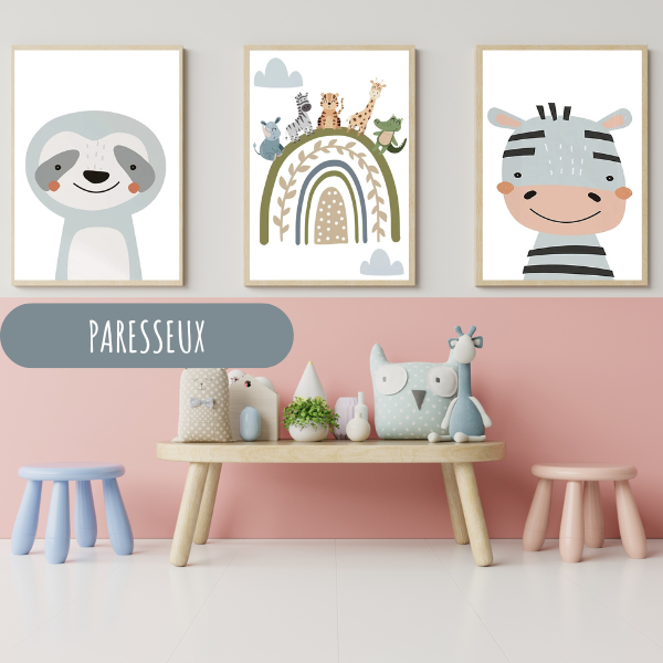 Lot de trois affiches pour chambre d’enfant avec paresseux, zèbre et arc-en-ciel bohème, parfait pour une déco douce et tendance.