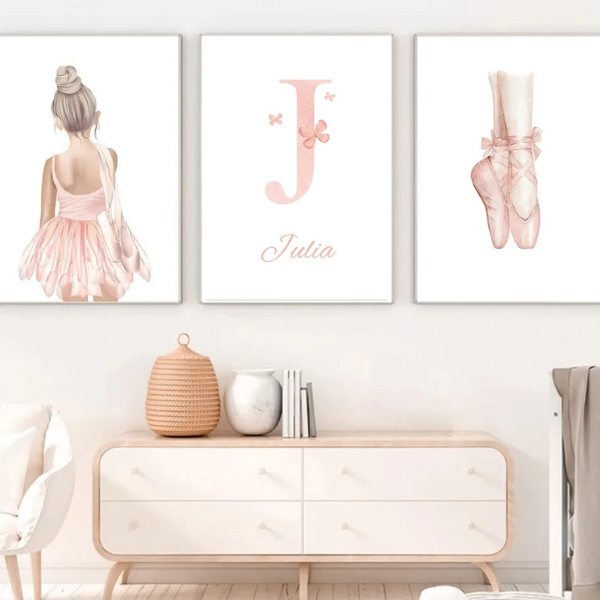 Affiche personnalisable ballerine avec prénom, parfaite pour un cadeau de naissance ou une déco murale fille.