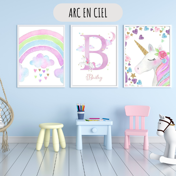 Affiche personnalisée pour chambre de bébé avec prénom et motifs licorne et étoiles dorées