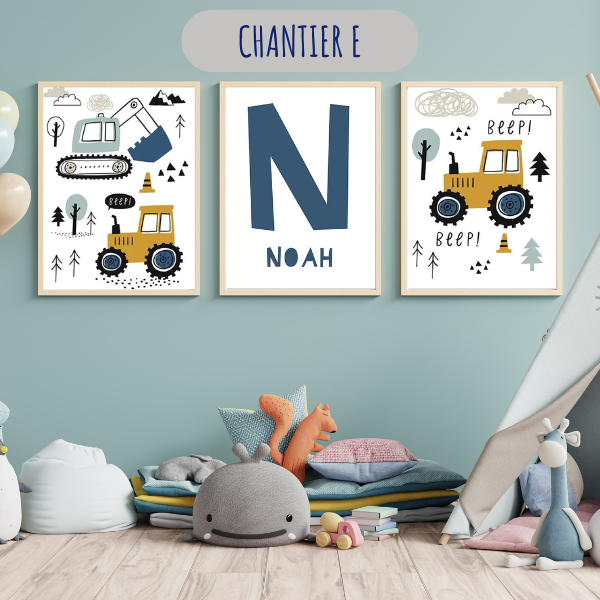 Affiches déco enfant "Vroom" avec engins de chantier et prénom, idée cadeau personnalisé