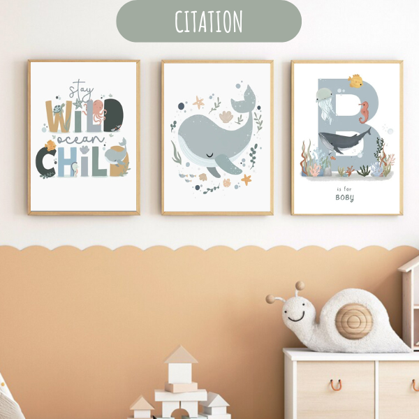 Affiches murales avec citations inspirantes et animaux marins, parfaites pour la déco chambre enfant.