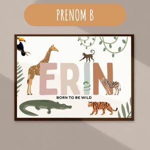 Affiche personnalisable avec le prénom Erin et des illustrations d'animaux de la jungle.