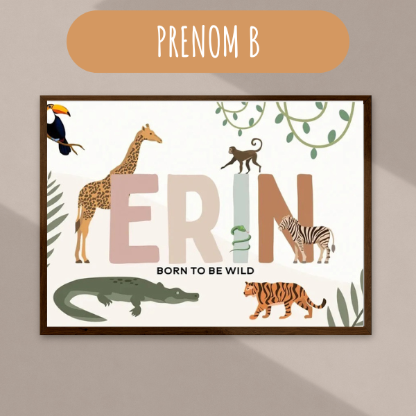 Affiche personnalisable avec le prénom Erin et des illustrations d'animaux de la jungle.