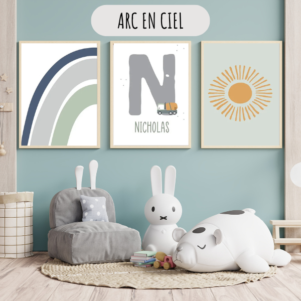 Affiche personnalisée Engins de chantier avec prénom, illustration de véhicules de construction pour déco chambre enfant.