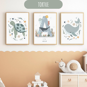 Affiches de décoration sur le thème de la mer avec tortue, baleine et lettre personnalisée.