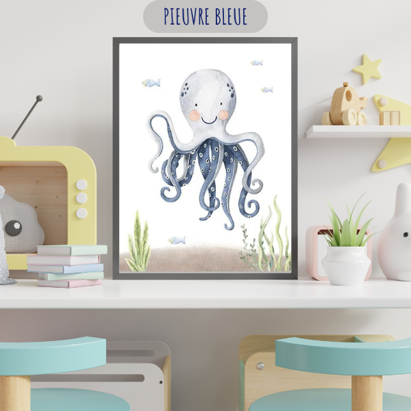 Illustration d’une pieuvre bleue aquarelle, idéale pour une déco sous-marine douce.