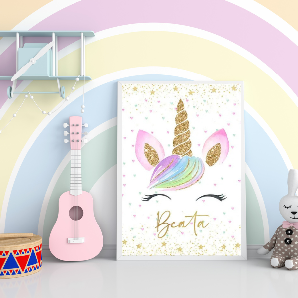 Lot de 3 affiches personnalisées licorne, arc-en-ciel et nuages, parfaites pour une décoration chambre fille et un cadeau de naissance original.