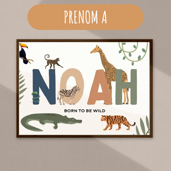 Affiche personnalisable avec le prénom, illustrée d'animaux de la savane et de la jungle.