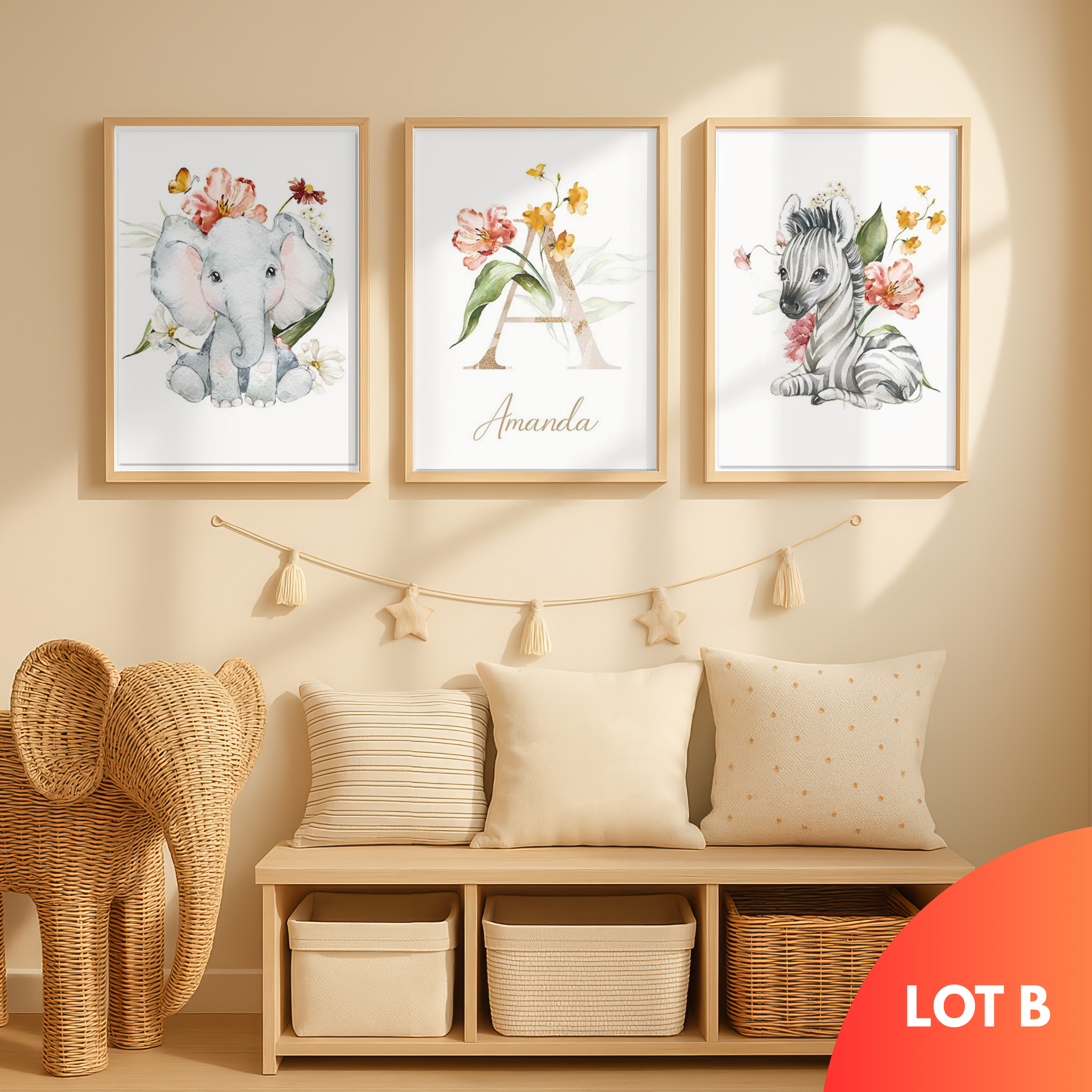 Affiche prénom safari personnalisée pour chambre bébé avec éléphant et zèbre, décoration murale enfant style bohème, idée cadeau baptême ou anniversaire, imprimée sur toile coton canvas.