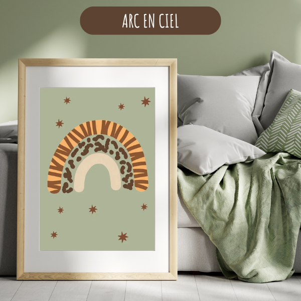 Affiche bohème arc-en-ciel avec motifs inspirés des animaux de la savane.