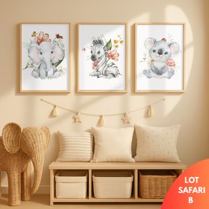 Affiche safari bébé avec éléphant, zèbre et koala en illustration douce et florale, décoration chambre bébé moderne, idée cadeau naissance personnalisée, impression sur toile 100% coton canvas.