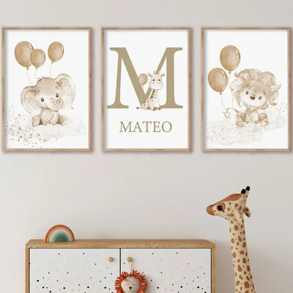 Lot de 3 affiches prénom avec éléphant, girafe et lion, décoration murale safari pour chambre bébé garçon