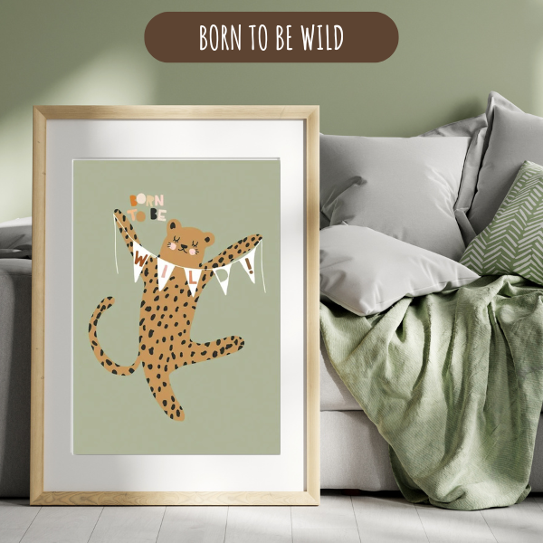 Affiche déco "Born to be Wild" avec un guépard joyeux et une guirlande.
