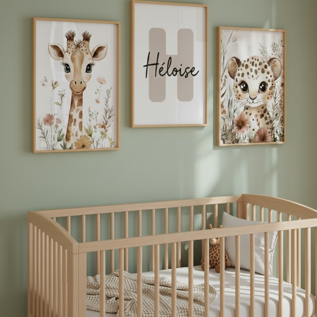 Affiche décoration chambre bébé thème safari avec illustration de girafe aux couleurs douces, idéale pour une ambiance chaleureuse et apaisante.