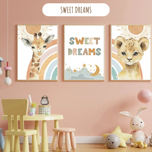 Lot d'affiches murales "Sweet Dreams" avec motifs doux, idéal pour une déco apaisante.