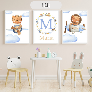 Affiche décorative enfant représentant un tigre pilote en avion, idéale pour chambre de bébé