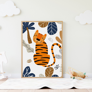 Affiche d’un tigre mignon dans une ambiance jungle, idéale pour une chambre bébé thème savane