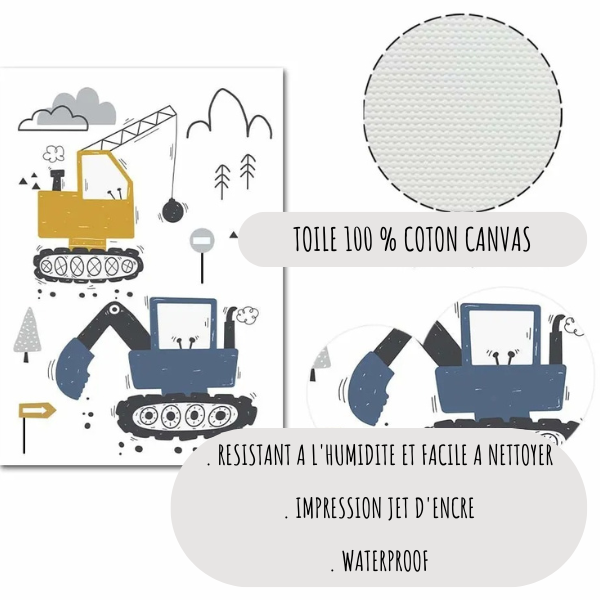 Zoom sur la qualité de l’impression sur toile coton canvas d’une affiche avec engins de chantier et pelleteuse.