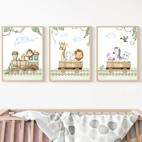 Affiches enfant avec train et animaux pour une décoration murale ludique et éducative.
