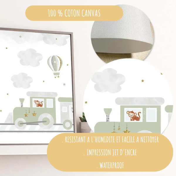 Affiche illustrant un train avec des animaux en vert sauge, imprimée sur toile 100 % coton canvas, résistante et facile à nettoyer.