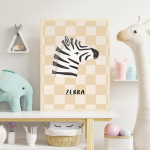 Illustration minimaliste d’un zèbre sur fond à carreaux, affiche éducative et décorative pour chambre enfant.