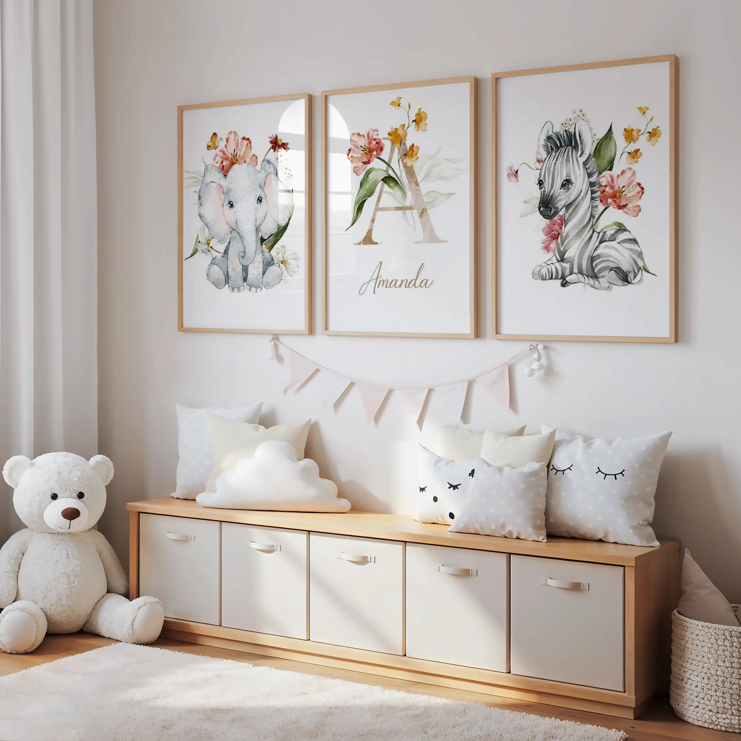Affiche zèbre bébé thème safari floral avec fleurs, impression sur toile coton canvas pour chambre enfant.