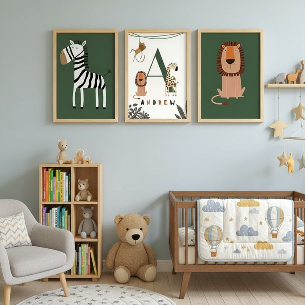 Ensemble d’affiches animaux jungle pour chambre bébé, décoration personnalisée sans cadre.