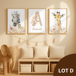 Affiches animaux safari personnalisées pour chambre bébé avec zèbre et girafe, décoration murale bohème avec initiale et prénom en toile coton canvas.