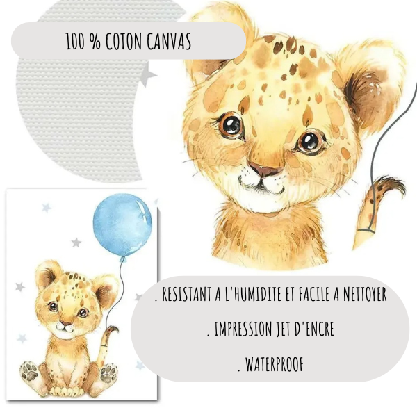 Trio d’affiches pour chambre de bébé avec animaux tendres tenant des ballons bleus dans une décoration douce et apaisante.