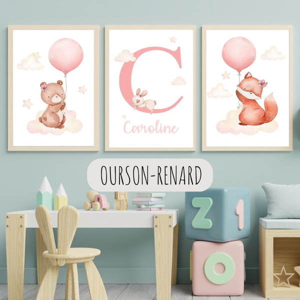 Set de trois affiches pour chambre bébé avec ours et renard tenant des ballons, décoration murale douce et poétique aux tons pastel