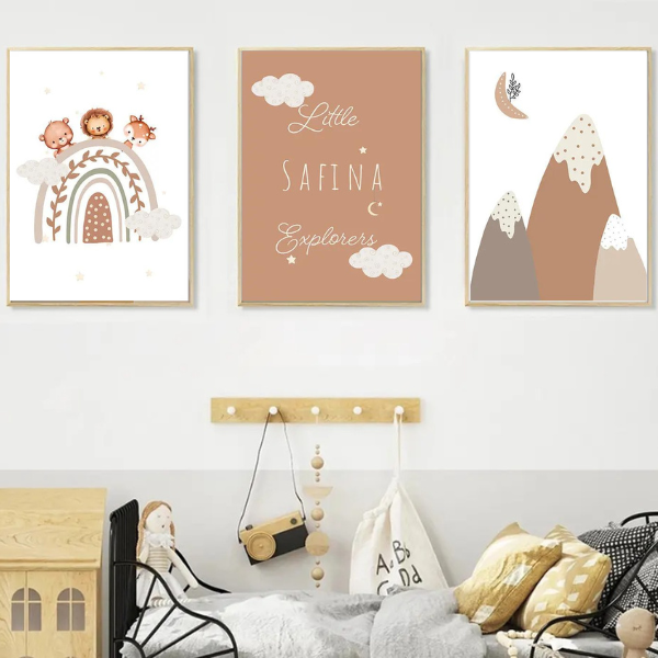 Affiches bohèmes pour chambre bébé avec arc-en-ciel et montagne dans une décoration douce et naturelle