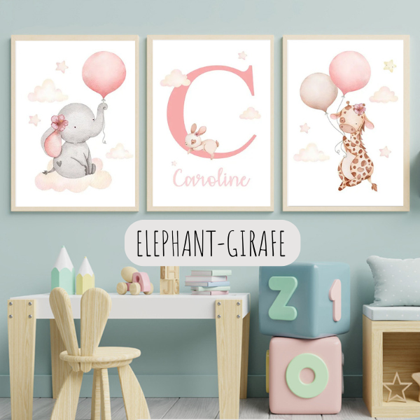 Affiches décoratives pour chambre bébé avec éléphant et girafe tenant des ballons, ambiance douce et aérienne
