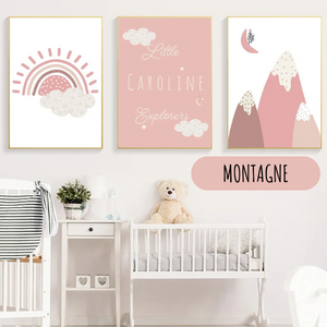 Affiches bébé montagne rose bohème pour chambre d’enfant, décoration douce et naturelle