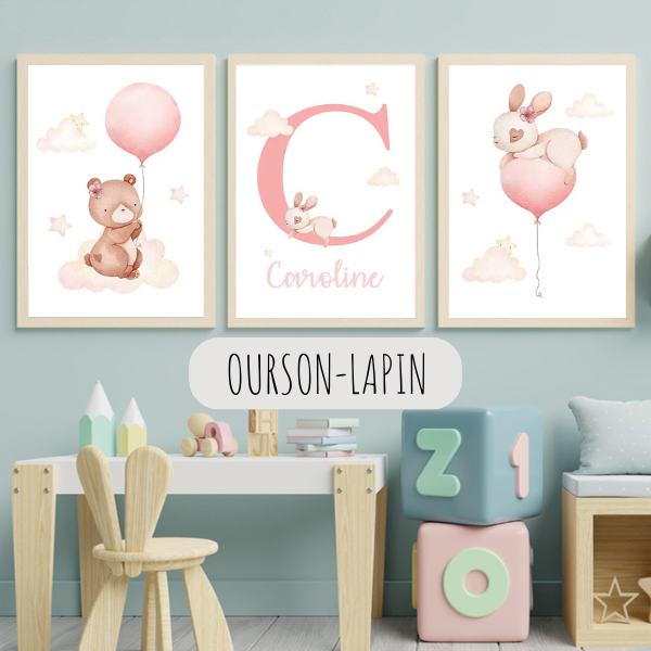 Set d’affiches pour chambre d’enfant avec ours et lapin volant avec des ballons, décoration douce et féerique