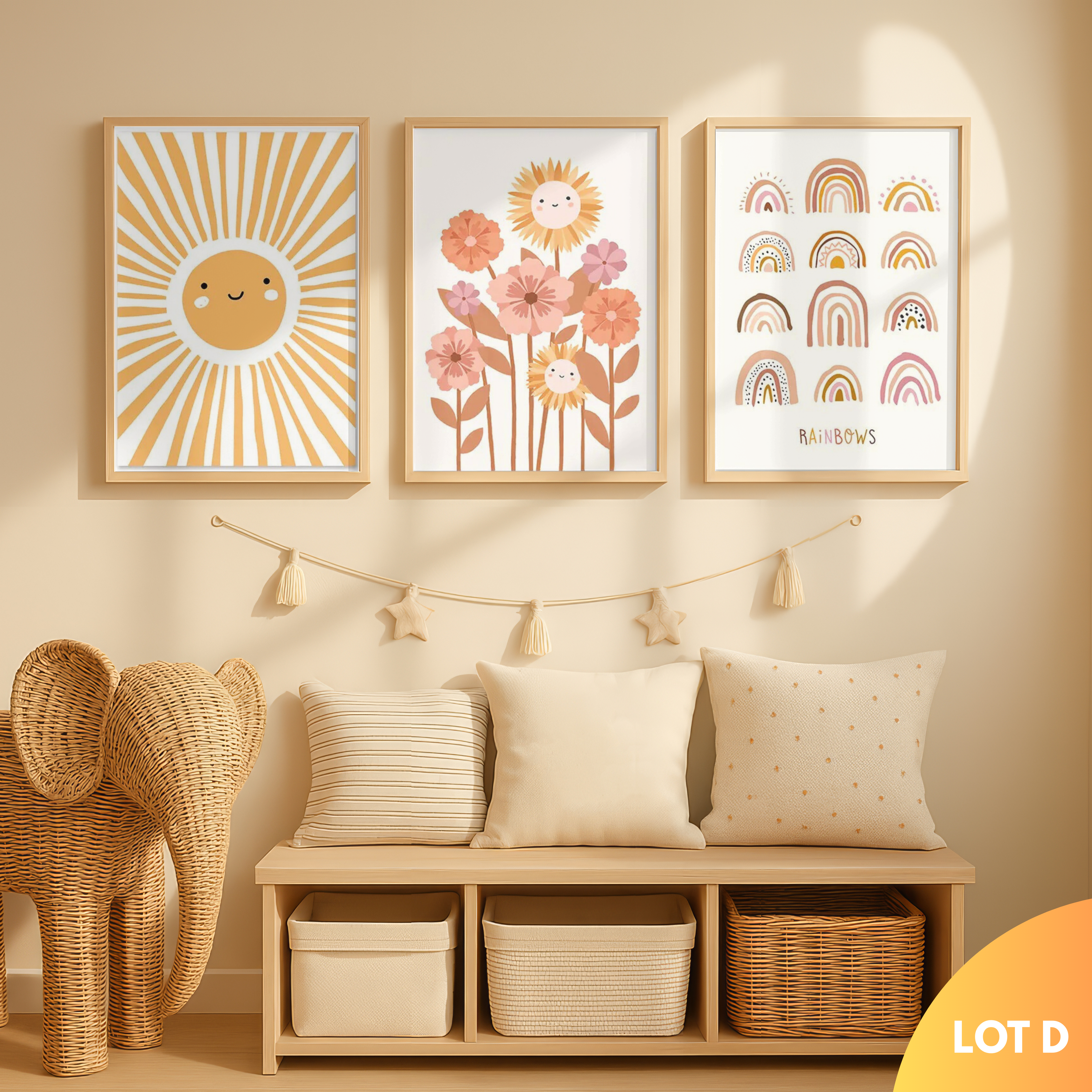 Affiches chambre enfant style scandinave soleil et motifs arc-en-ciel