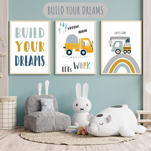 Lot de 3 affiches murales inspirantes pour chambre d’enfant avec messages positifs, engins de chantier et arc-en-ciel, idéal pour une déco motivante.