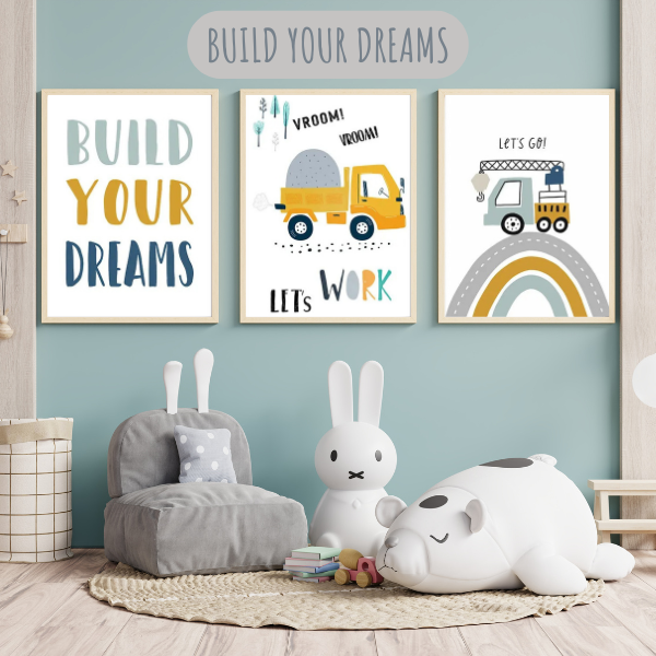 Lot de 3 affiches murales inspirantes pour chambre d’enfant avec messages positifs, engins de chantier et arc-en-ciel, idéal pour une déco motivante.