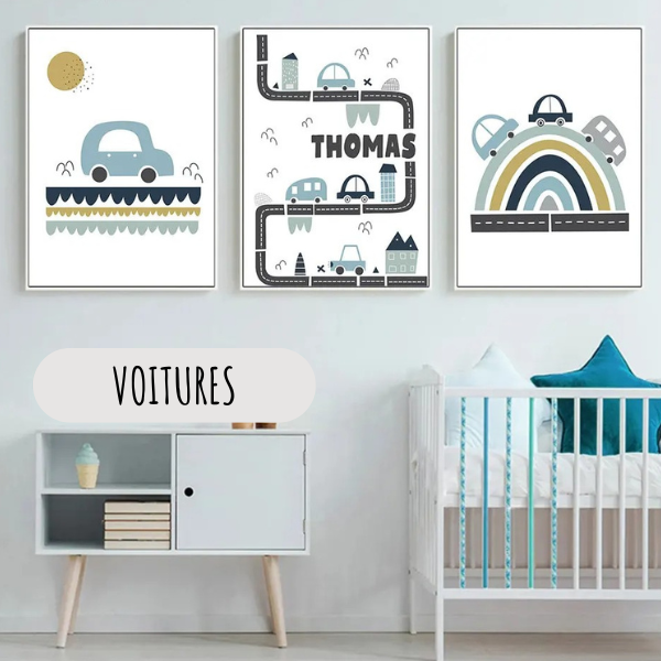 Affiches décoratives pour chambre bébé avec voitures, route et arc-en-ciel, style doux et contemporain