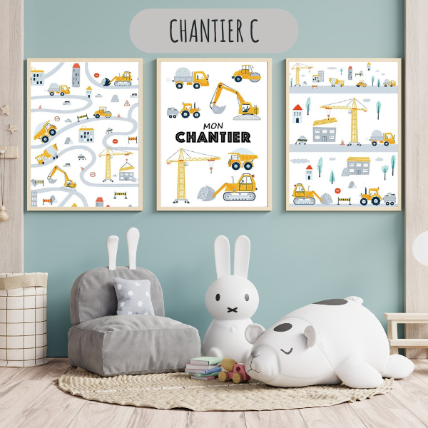 Ensemble de trois affiches murales sur le thème des travaux et engins de construction avec prénom personnalisable.
