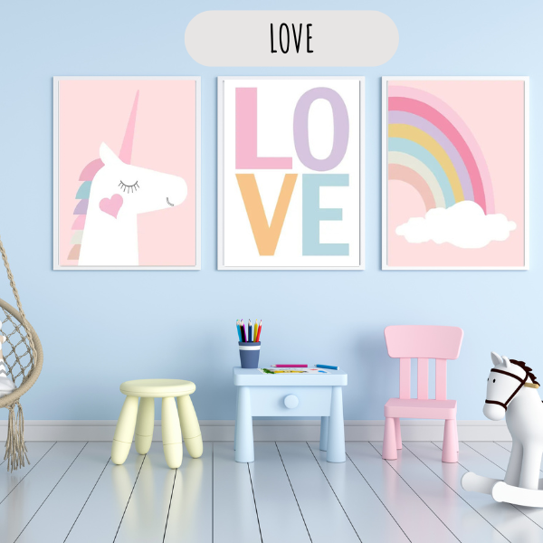Trio d'affiches Love, licorne et arc-en-ciel, décoration murale idéale pour chambre enfant ou espace de jeu féerique.