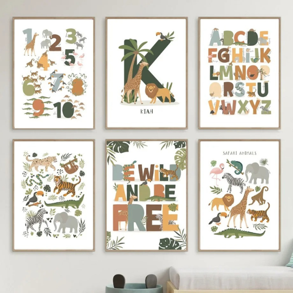 Collection de 6 affiches murales avec animaux sauvages et messages éducatifs pour une décoration jungle dans une chambre d’enfant.