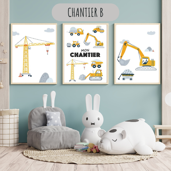 Set de 3 affiches de chantier personnalisées avec une grue et des véhicules de construction pour une déco murale originale.