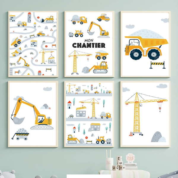 Lot de six affiches sur le thème chantier pour une décoration murale parfaite dans une chambre de petit garçon passionné d’engins.