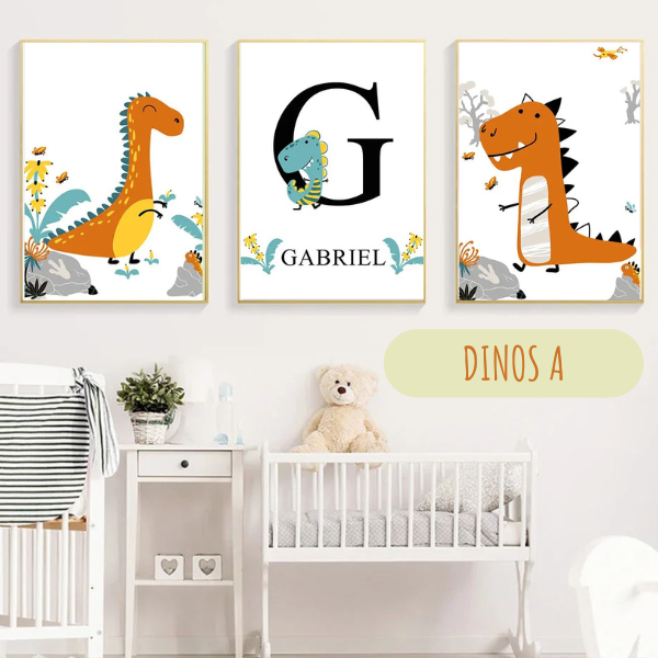Lot de 3 affiches dinosaures personnalisables avec prénom, parfait pour une décoration de chambre bébé sur le thème de l'aventure.