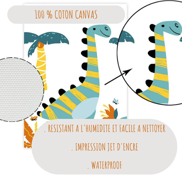 Zoom sur une affiche en coton canvas 100 % waterproof, résistante à l’humidité et facile à nettoyer, impression jet d’encre.
