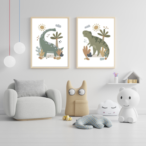 Affiches dinosaures vendues à l'unité, parfaites pour une décoration murale naturelle et tendance dans une chambre d'enfant.